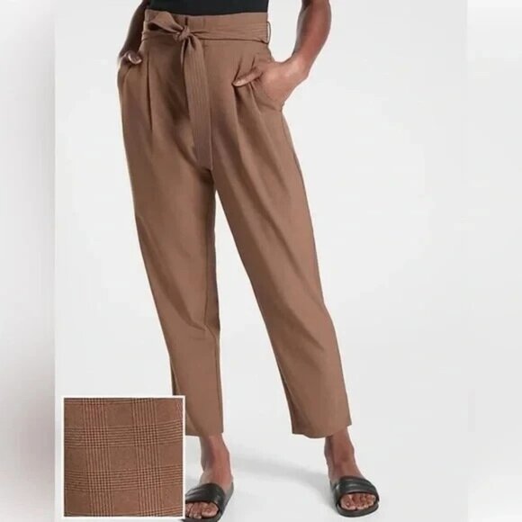 Athleta Skyline Plaid Pant II NEW Tie Waist Brown Work To Weekend Trouser 16 - Picture 1 of 16
